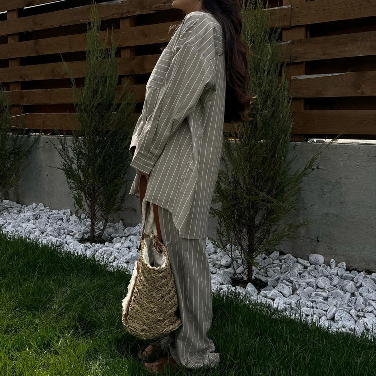New Stylish Striped Set Loose-fitting Long-sleeve Shirt And Wide-leg Pants