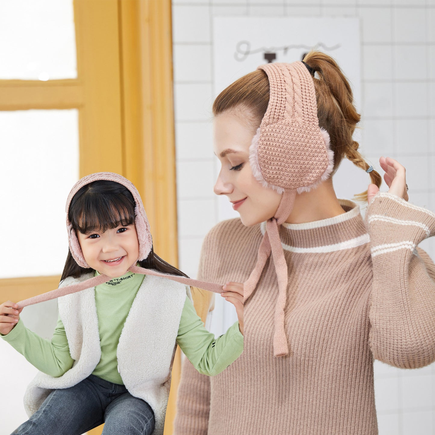 Children's Knitted Lace-up Warm Earmuffs With Fleece