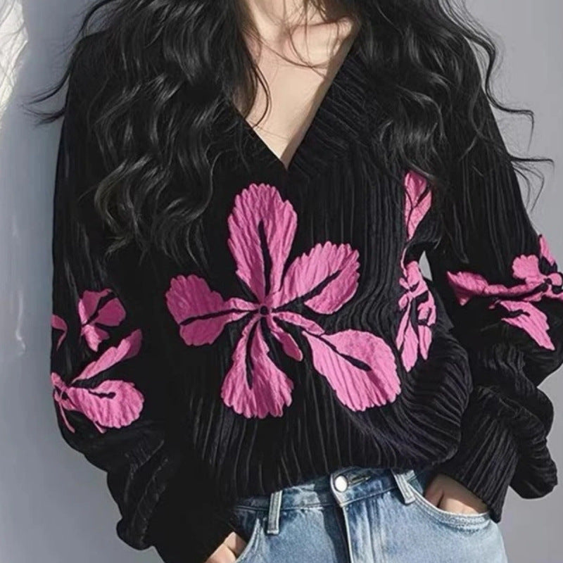 Sexy All-matching Show Thin Black Flower Print Top