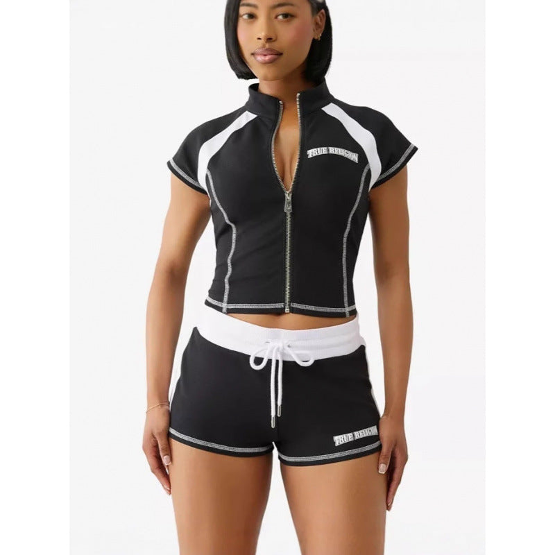 Womens Zip-Up Cardigan Slim-Fit Casual Sport Short-Sleeve Top And Pants Set