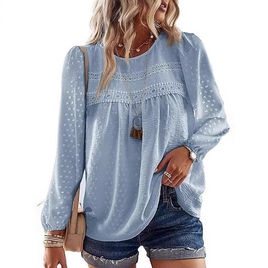 Bohemian Minimalist Chic Round-neck Chiffon Top With Multicolored Lace Trim