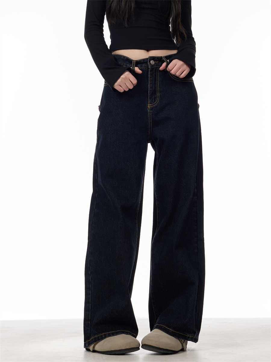 Retro Patchwork Plaid Blue Jeans For Women Loose Straight Trousers