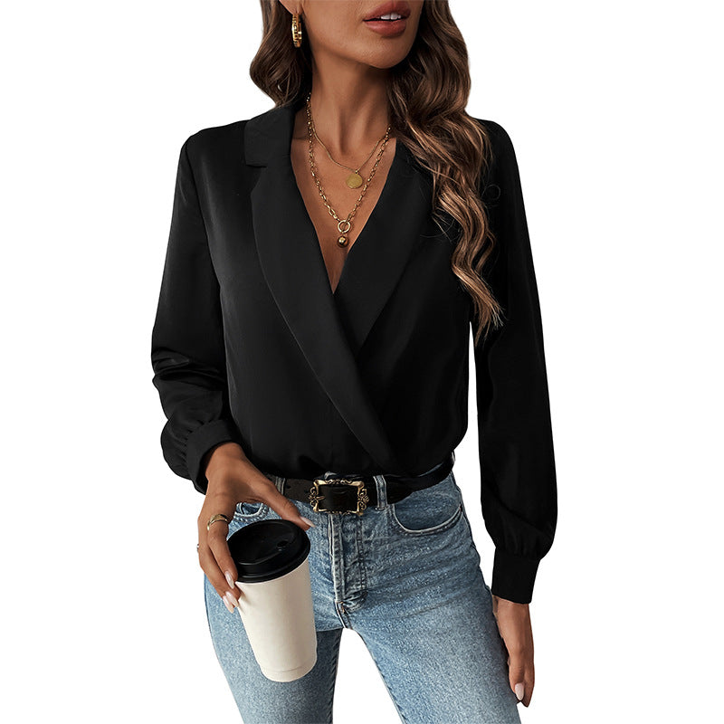 Long Sleeve Black Turn-down Collar Jumpsuit