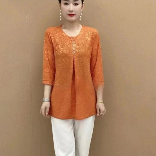 Three-quarter Sleeve Round Neck Jacquard Loose Oversized Shirt