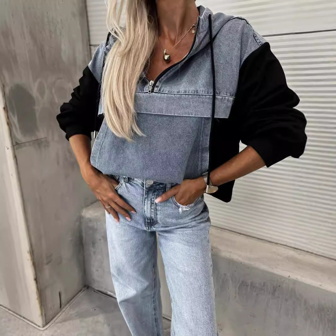 Mode løs afslappet vasket denim syning hætteklædt damesweater