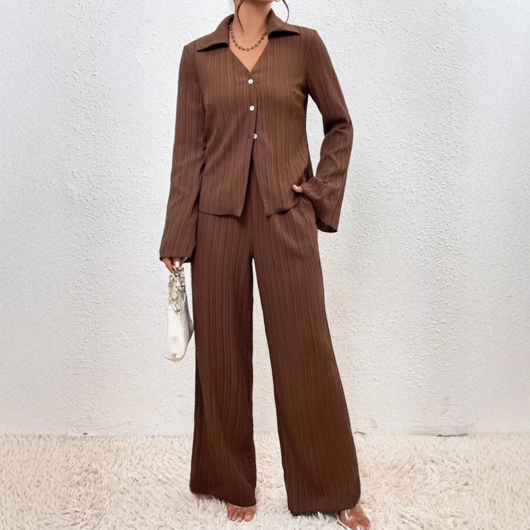 Solid-color Pleated Fashion Long-sleeve Shirt And Wide-leg Pants Casual Set