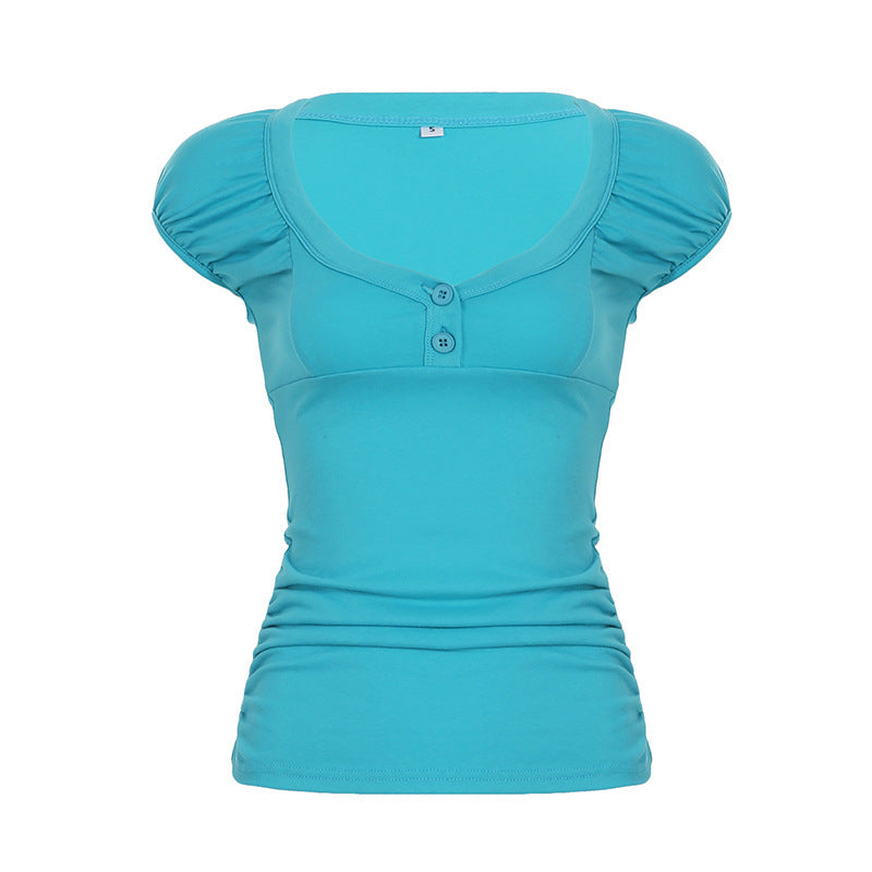 Casual Basic Button-front Puffed-sleeve U-neck Short-sleeve T-shirt