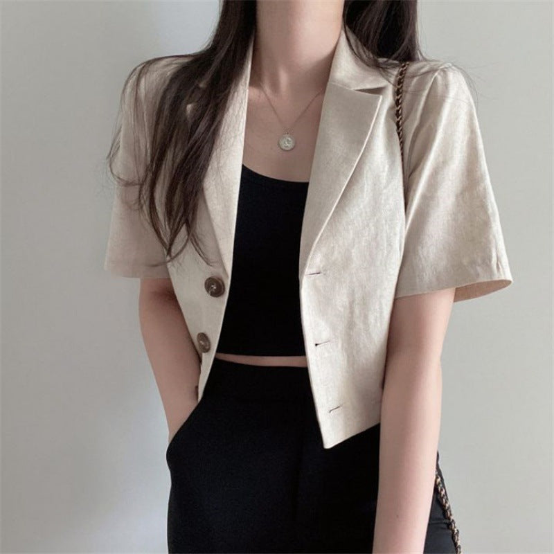 Solid Color Short Sleeved Cotton Linen Small Suit For Women's Leisure