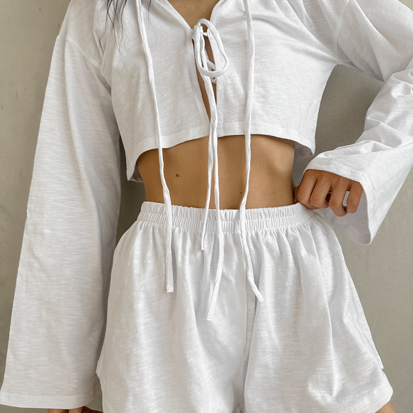 Long-sleeve Tie-front Cardigan And Cotton Shorts Pajama Set