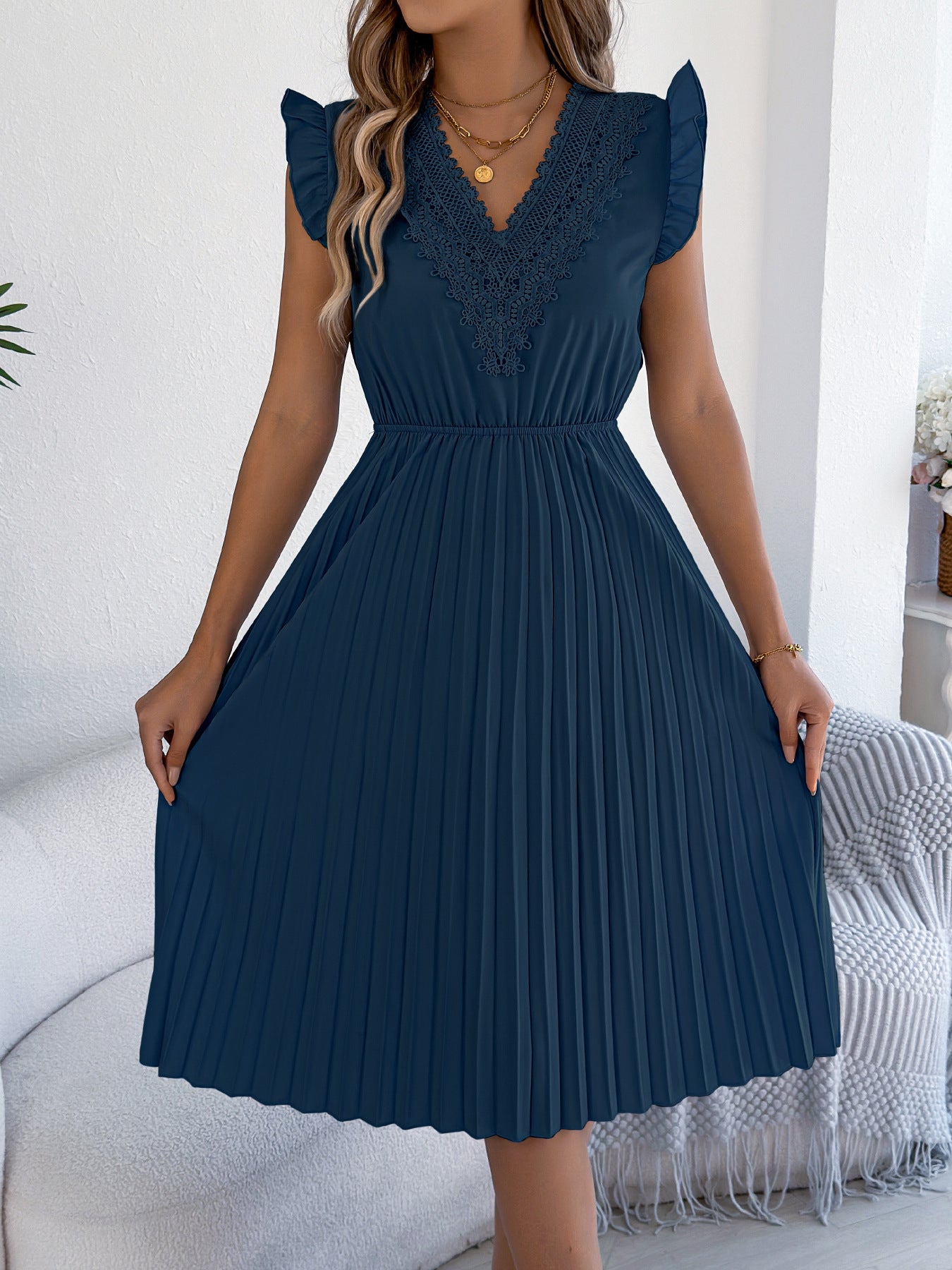 Casual Lace V-neck Ruffled-waist Pleated Dress
