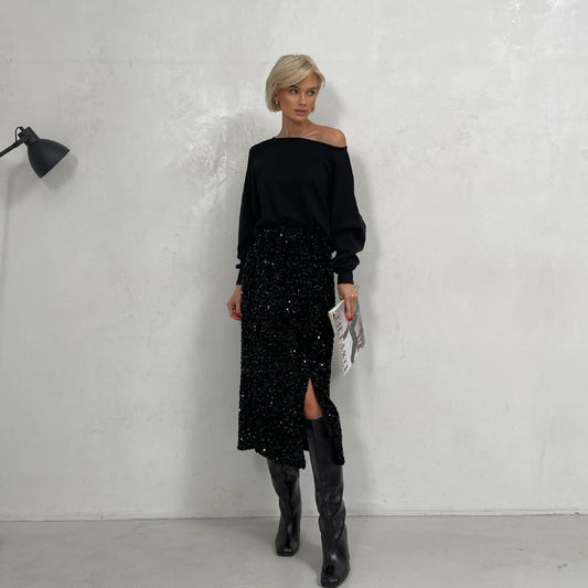 Sequins Skirt Party Sheath High Waist Slit Midi Skirt