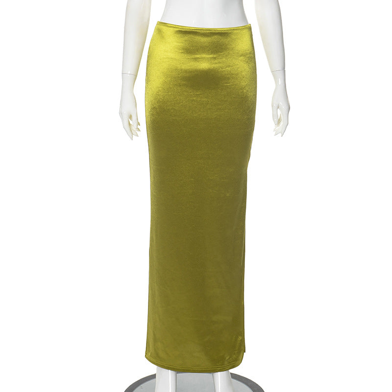 Summer European And American Draping Satin Multicolor Mid-length High Waist Sheath Skirt