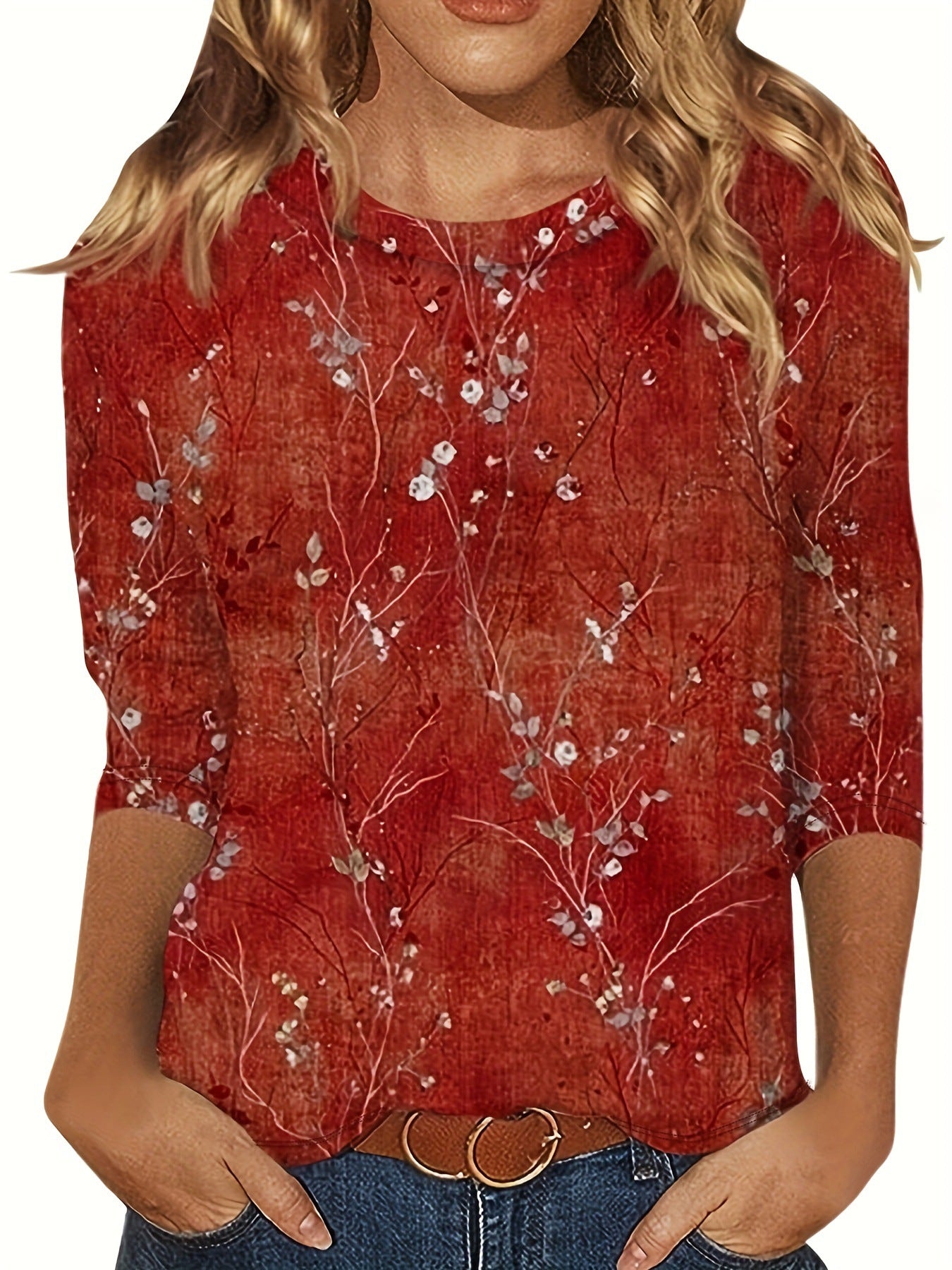 Europæisk og amerikansk blomsterprintet langærmet T-shirt med rund hals