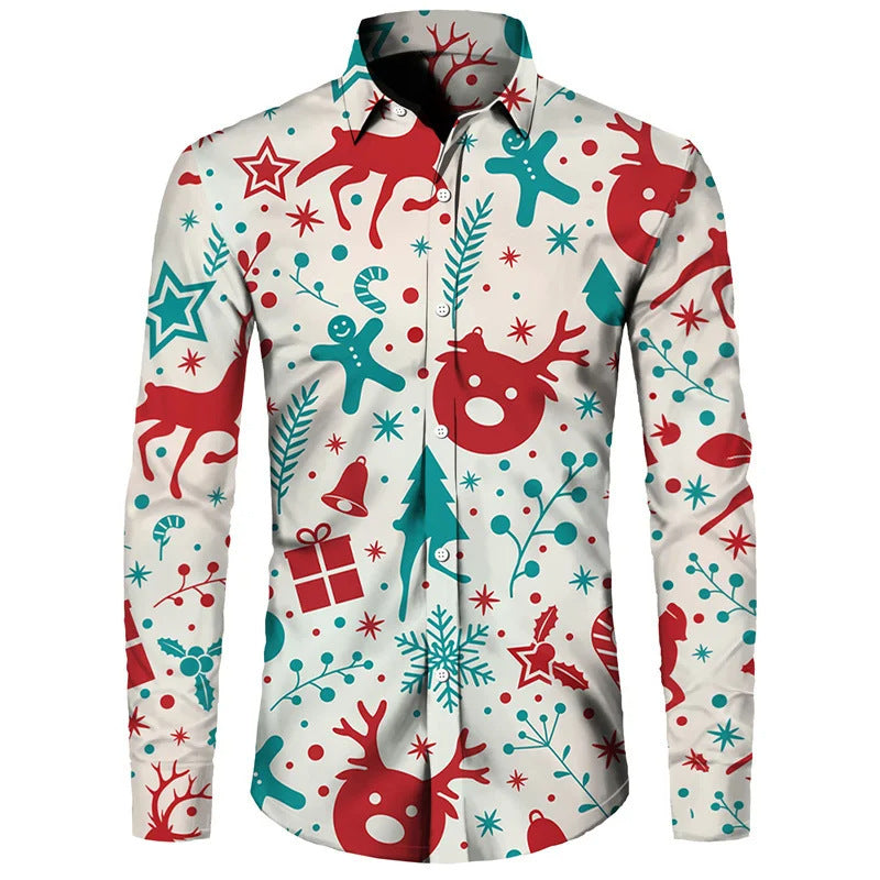 Funny Christmas Theme Digital 3D Printing Men's Button Lining Casual Long Sleeve