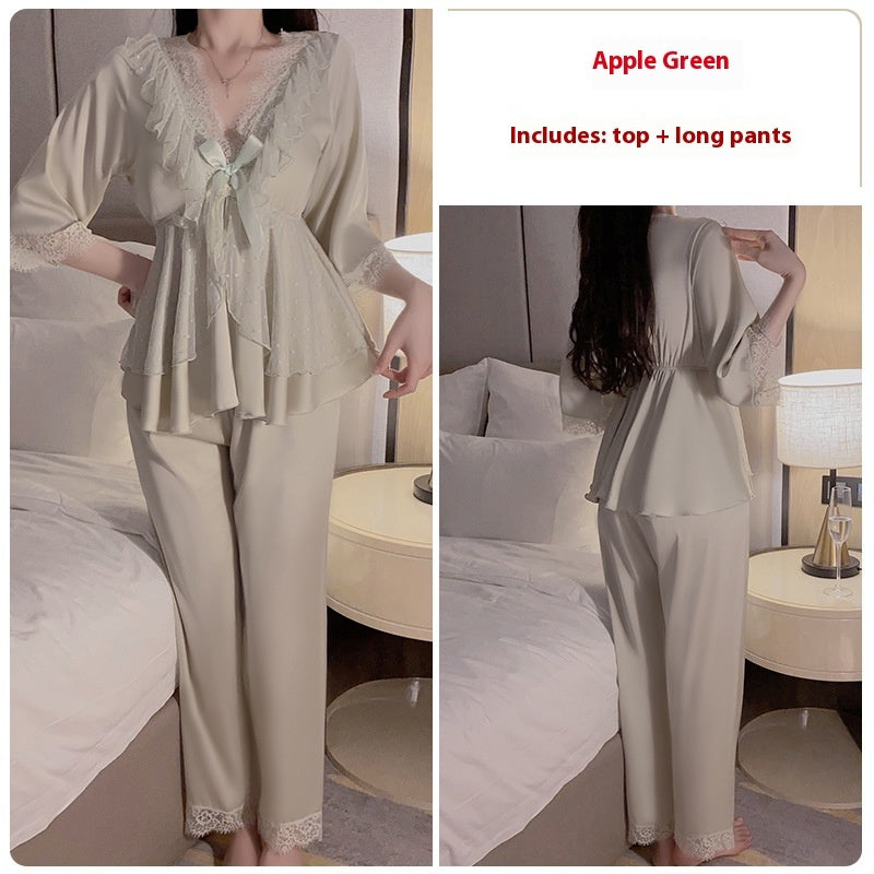 Lace Satin Stitching And Chest Pad Pleated Waist-controlled Top Trousers Two Pieces