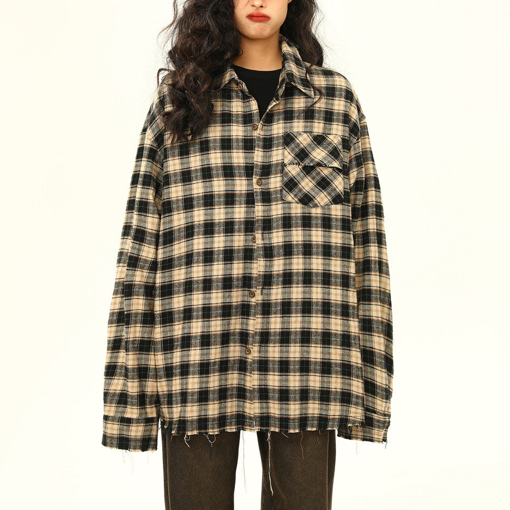 Womens Retro Maillard Loose All-Match Plaid Blouse