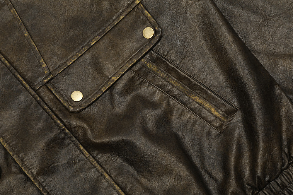 Vintage Distressed PU Leather Jacket Men's High Street