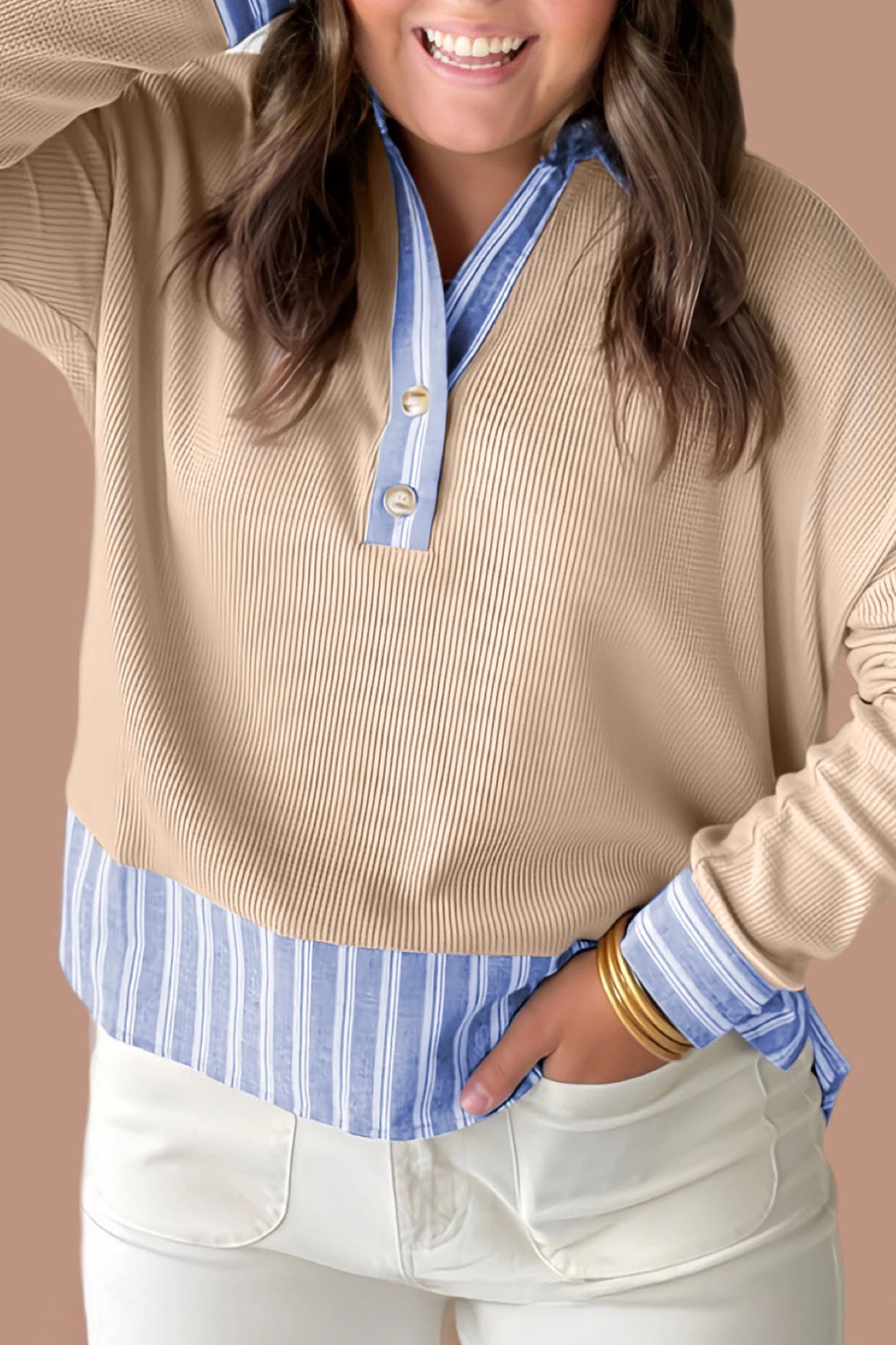 Oversized Striped Knit Turtleneck Top With Parchment Color And Contrast Trim