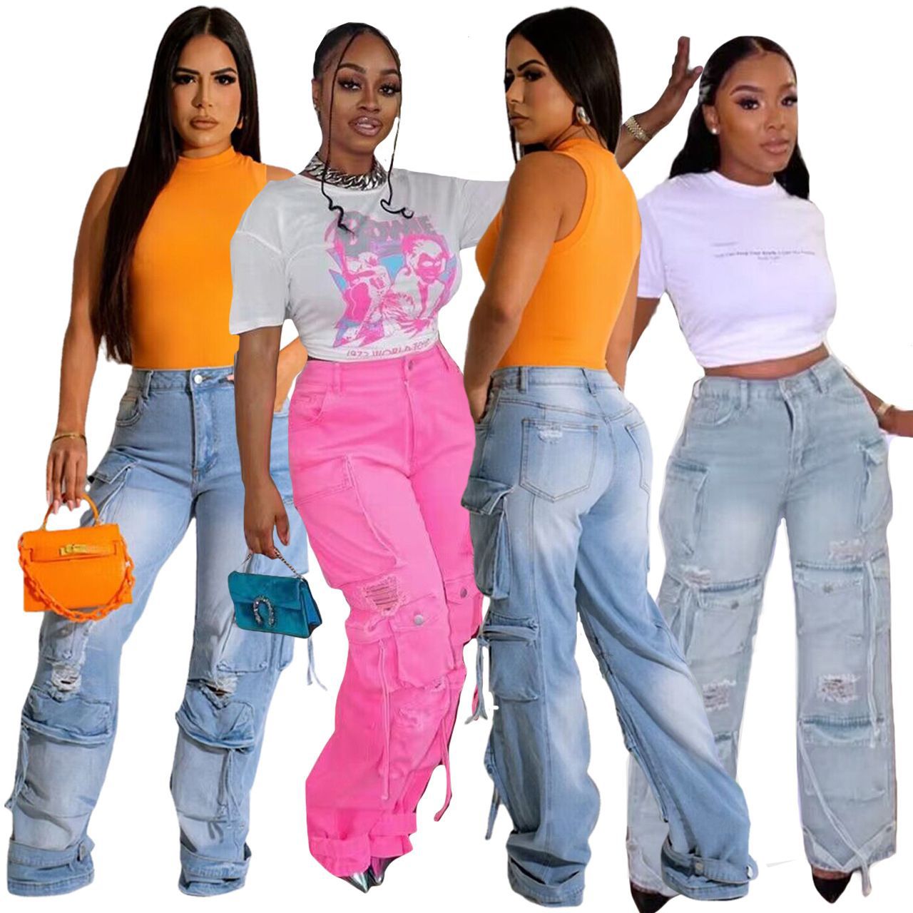Ladies New Denim Stereo Multi-pocket Trousers