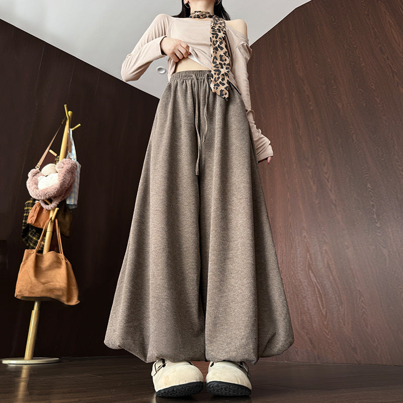 Womens High-Waisted Fleece-Lined Solid-Color Lamb Wool Bloomer Culottes
