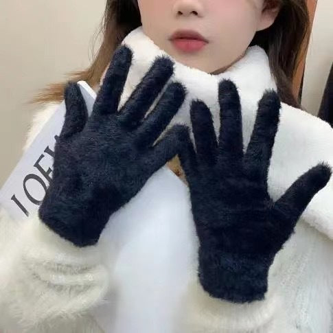 Winter Thickened Simulated Rabbit Fur Gloves Warm Mink Fur Riding Plain Five-finger Outdoor Skiing Cold-proof Gloves