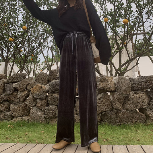Draping Effect Gold Velvet Spring And Autumn Loose High Waist Straight Mopping Pants