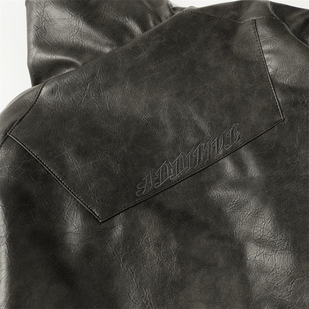 PU Leather Cotton Padded Coat Men's Rock Windproof Winter Stand Collar Loose