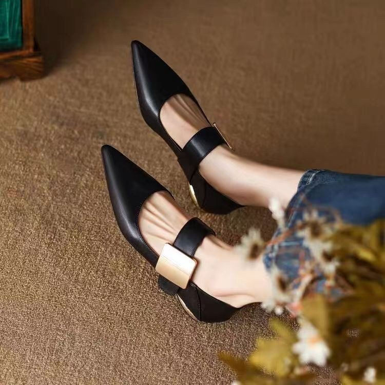 Womens Metallic Buckle Colorblock Shallow-Heel Chunky Heel Pumps