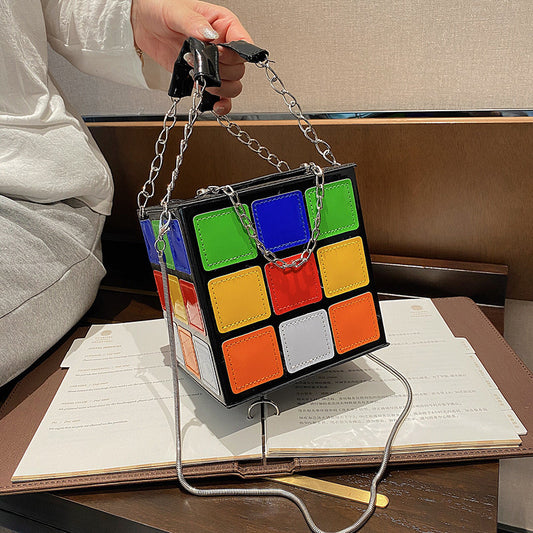 Fashion Color Contrast Cute Personality Creative Rubik's Cube Shape Portable Hand-carrying Chain Bag