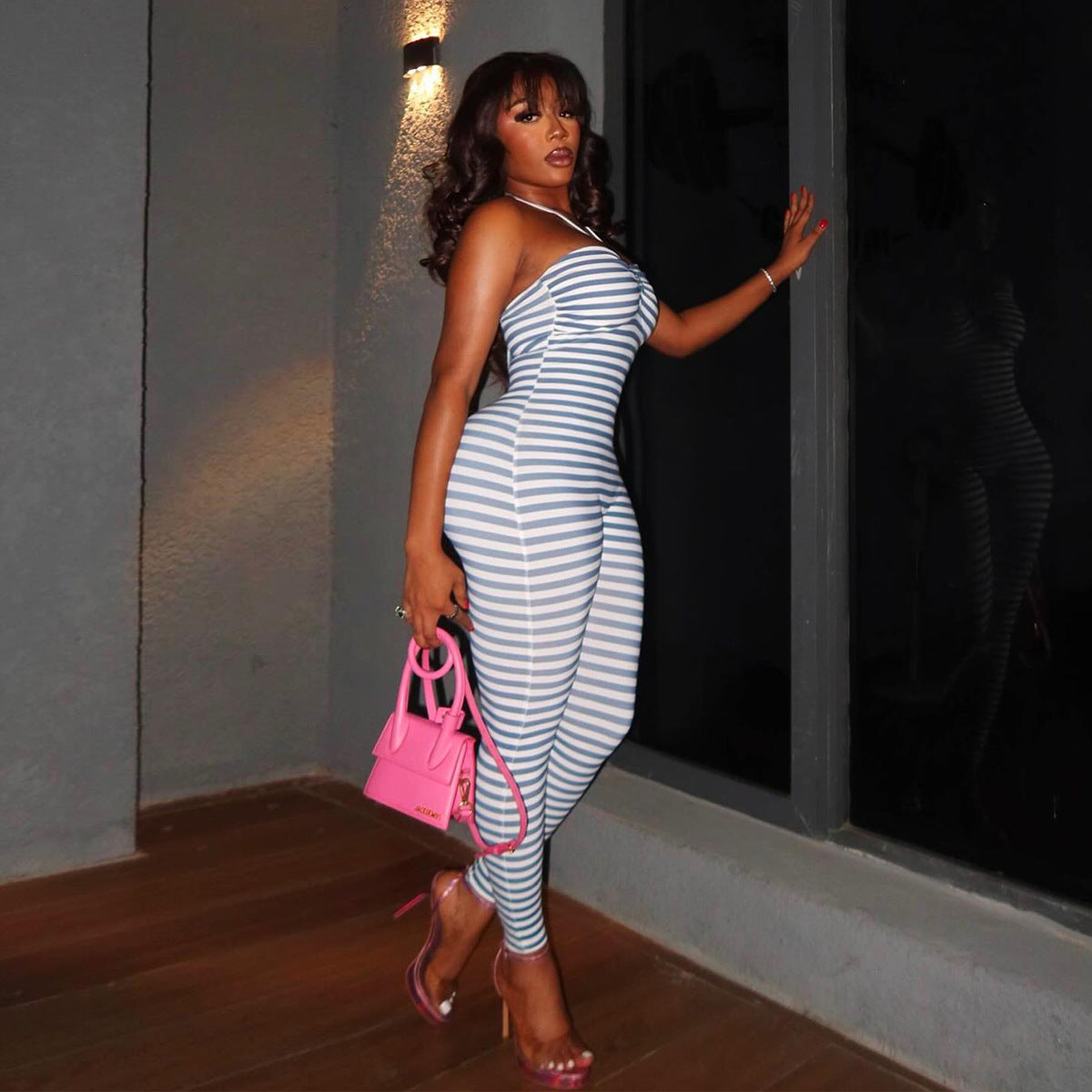 Womens Backless Sleeveless Sexy Hollowed-Out Striped Bodycon Jumpsuit