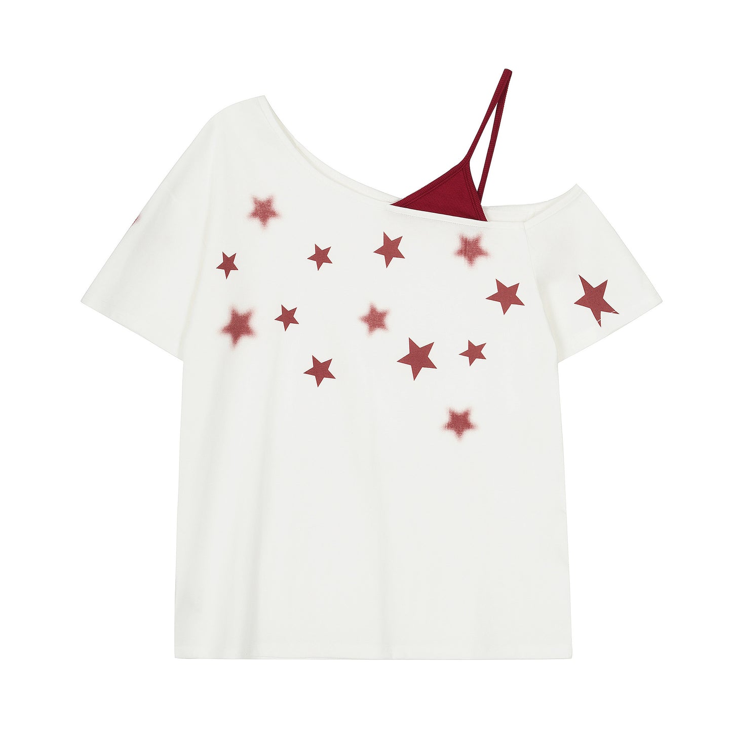 Five-pointed Star Printed Sloping-shoulder Off The-shoulder Short-sleeved T-shirt For Women