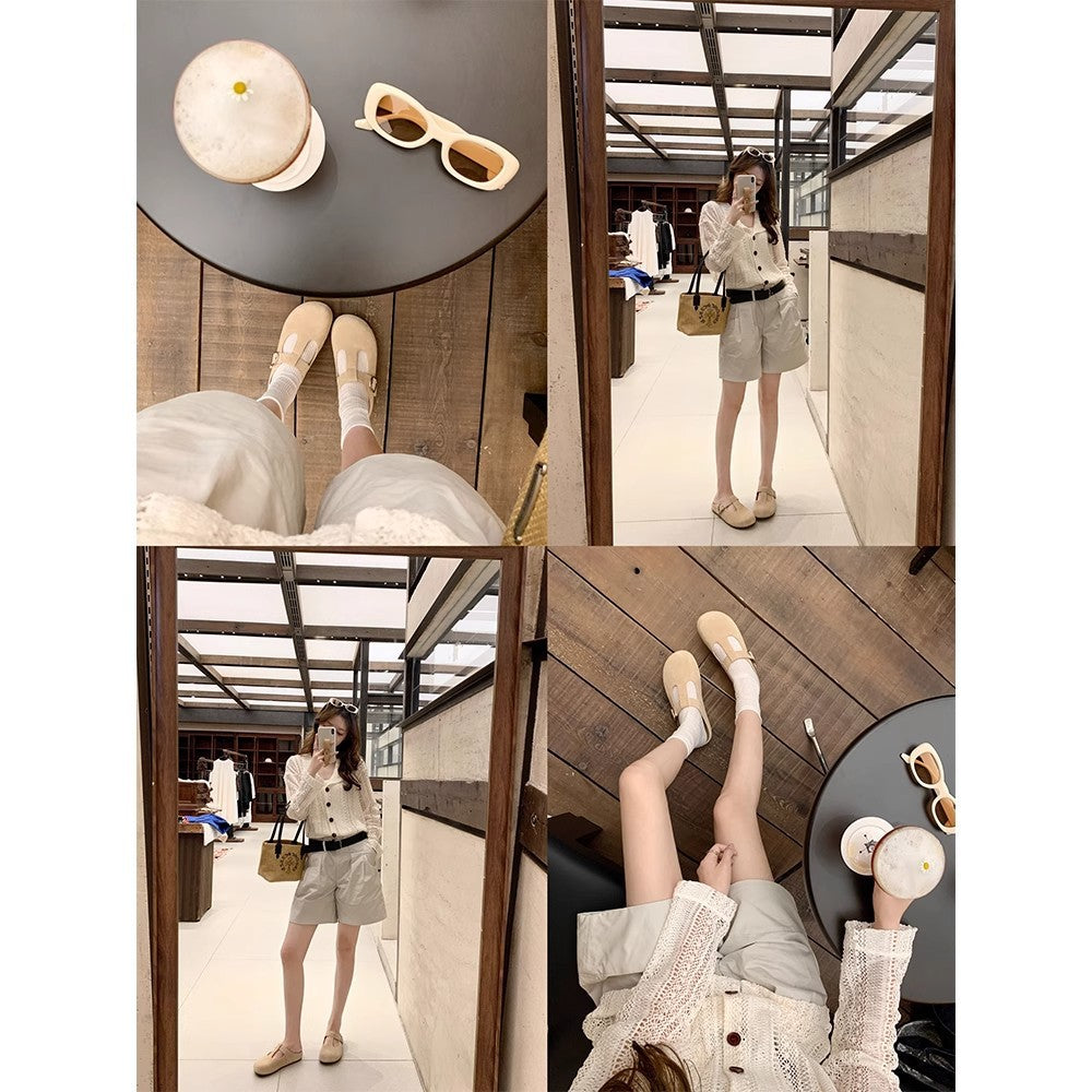 Height Increasing Insole Retro Buckle Closed-toe Slippers Women