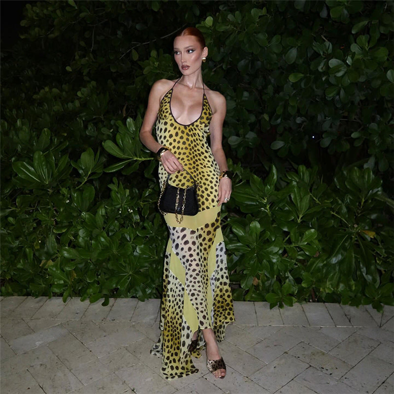 Womens Sexy Backless Fashionable Halterneck Printed Slim-fit Dress