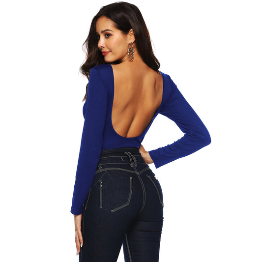 Women's Long-sleeved Deep U Backless Button Jumpsuit Bottoming Shirt