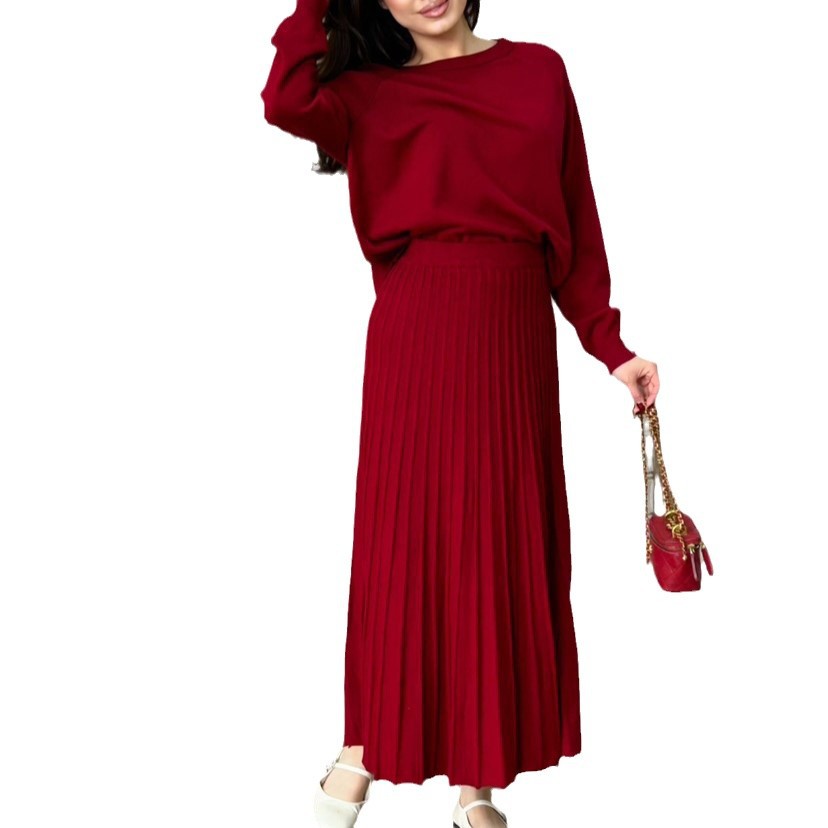 Women's Fashion Round Neck Solid Color Long Sleeved Pleated Skirt Set
