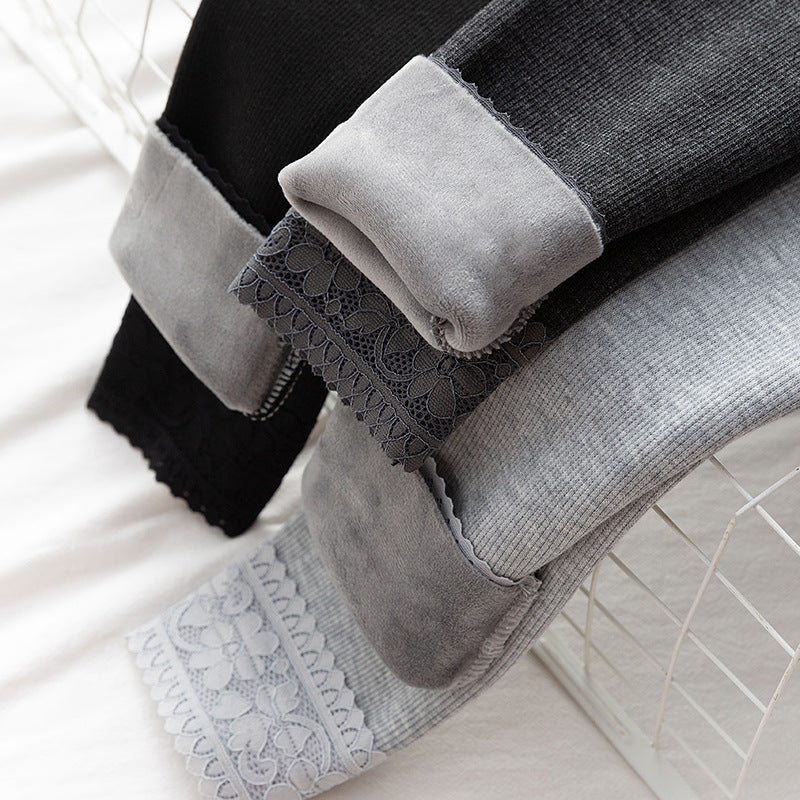 High-waisted Threaded Slim-fitting Thickened Warm Leggings