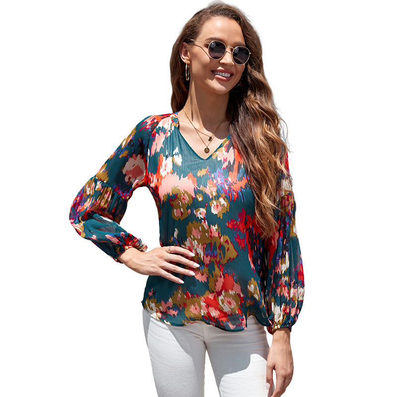 Dames Floral Chiffon Skjorte Løs V-hals Casual Top
