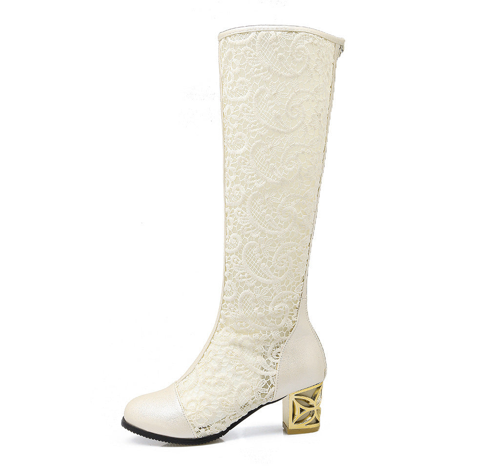 Round Toe Stitching Lace Back-zip Boots Chunky Heel Women's Sandals