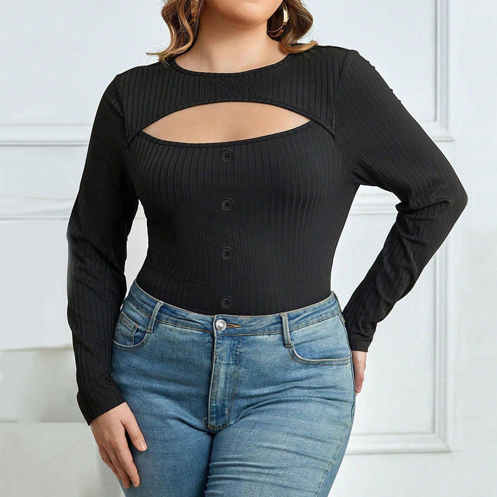 Women's Slim Fit Round Neck Sexy Hollow Long Sleeve Versatile Top