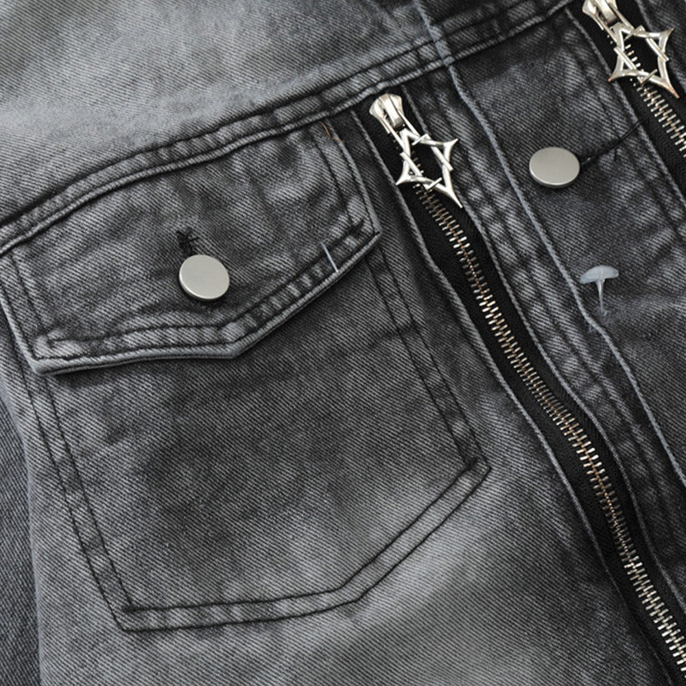 American Style Retro Washed Distressed Denim Jacket Men's Zipper Ruffle Handsome Stylish Brand Workwear Jacket