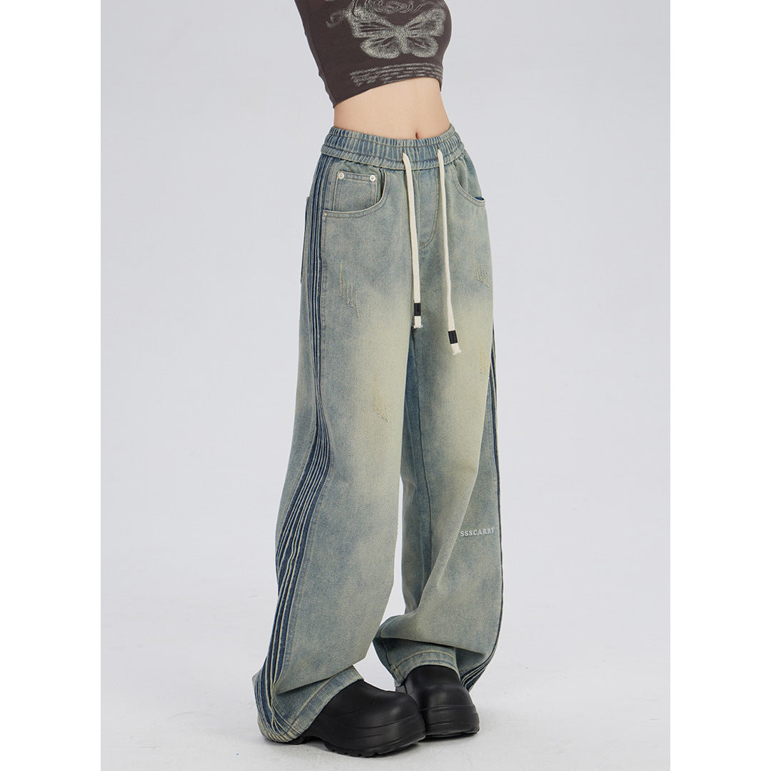 Side Wrinkle Design Elastic Waist Jeans