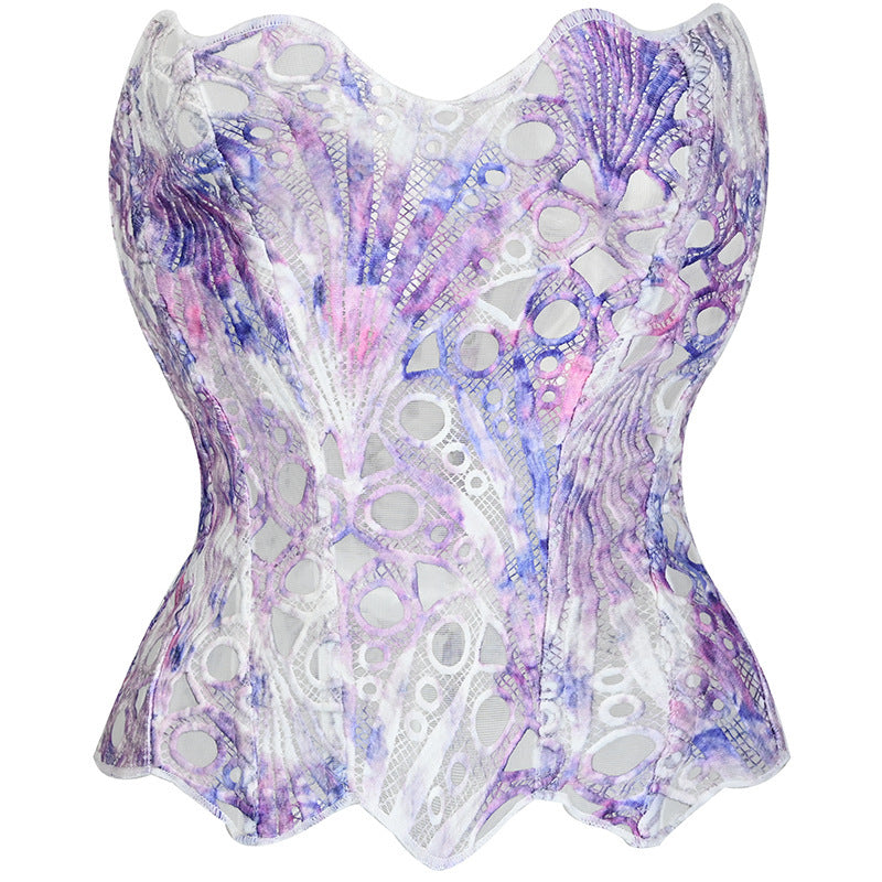 Irregular Lace Fishbone Corset With Mesh Panels And Print For A Sculpting Fit
