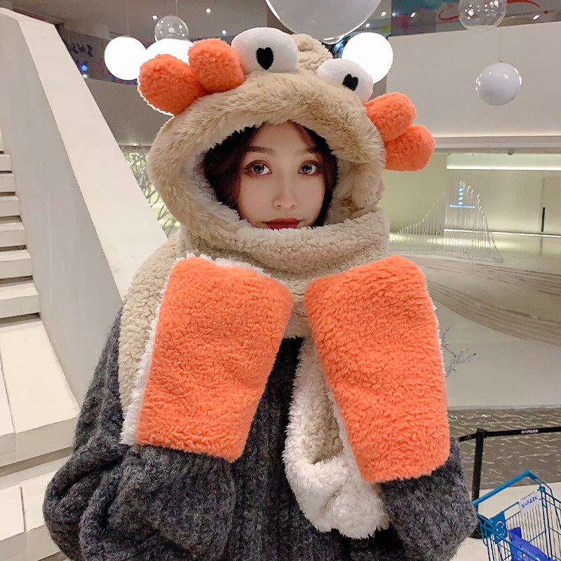 Winter Cute Crab Scarf Gloves Three-in-one Plus Velvet Thickened One-piece Hat