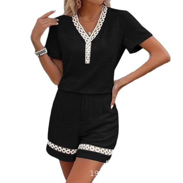 Women's V-neck Spliced Short-Sleeve Cotton-Linen Shorts Set