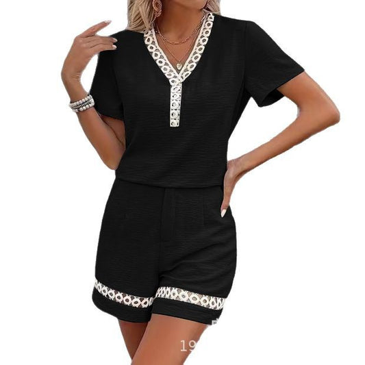 Women's V-neck Spliced Short-Sleeve Cotton-Linen Shorts Set