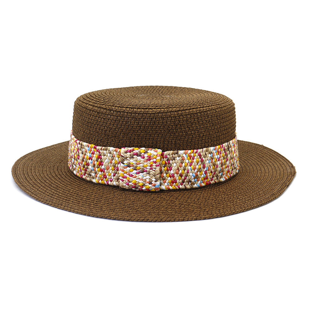 Color Flat Top Straw Hat Outdoor Travel Sunscreen