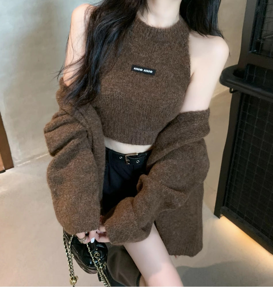 Knitted Cardigan And Halter-Neck Camisole Two-Piece Sweater Set For Women