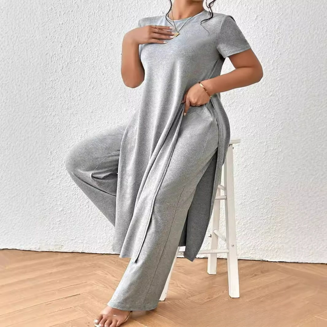 Plus Size Set Slit Top Wide Leg Pants