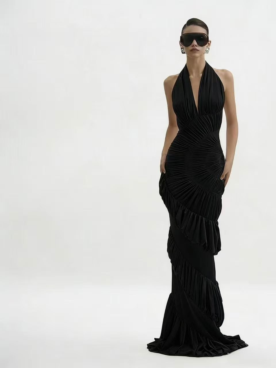 Asymmetrical Pleated Ruffle Bodycon Sheath Fishtail Long Dress