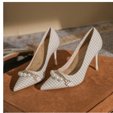 High Heels Women's Pointed All-match Metal Chain Shallow Mouth Pearl Color Matching Shoes